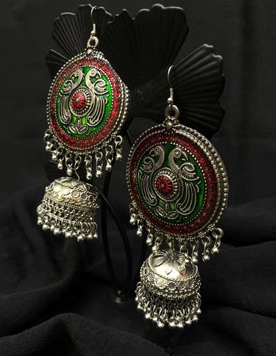 Oxidized Silver Peacock Jhumka Earrings