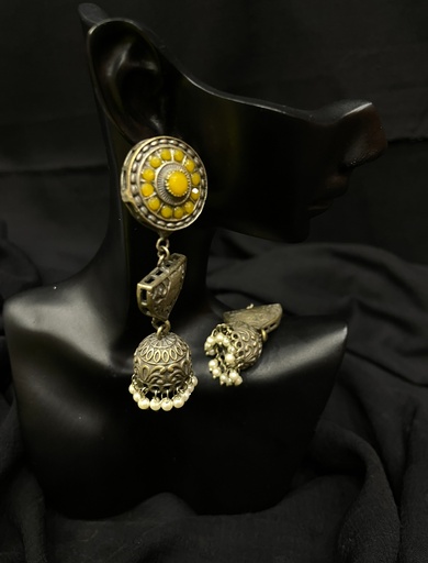 Silver-toned Jhumka Earrings w/ Yellow Stone