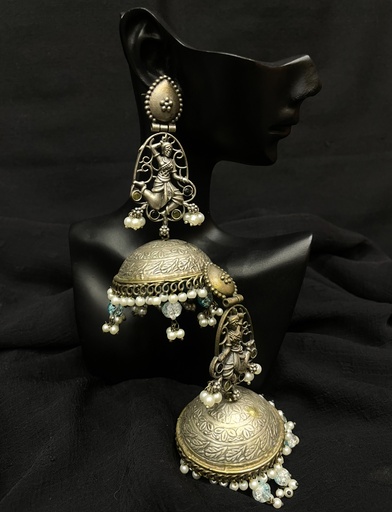 Oxidized Silver Jhumka Earrings w/Deity Motif-BLUE