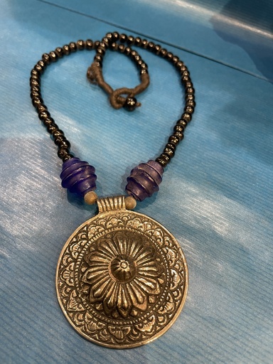 Oxidized Silver Tribal Pendant-Round