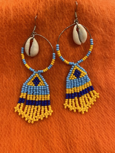 Blue&Yellow Cowrie Shell Beaded Fringe Earring