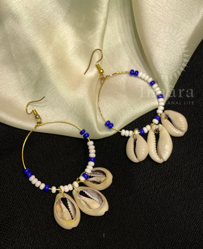 Cowrie Shell Hoop Earrings- Blue/White