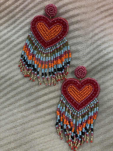 Red Heart Beaded Fringe Earrings