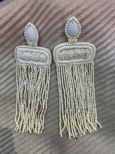 White Beaded Tassel Earrings