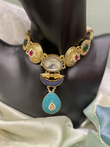 Gold-Plated Kundan Style Choker w/Turquoise Pendant