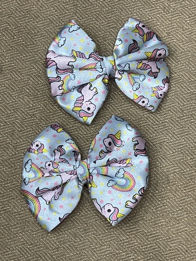Printed Bow Hair Clips- Blue Unicorn