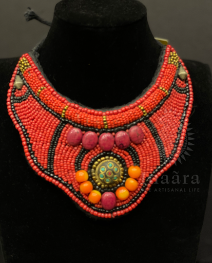 Tibetan Style Beaded Necklace- Red Orange