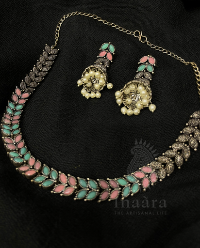 Oxidized Stone Necklace Set w/ Leaf Motif (copy)