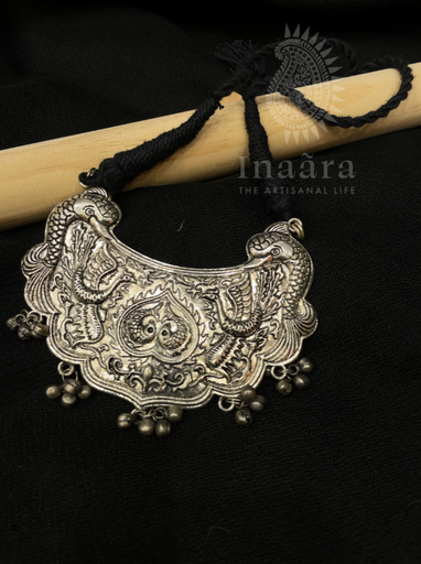 Oxidized Silver Tribal Necklace w/Peacock Design