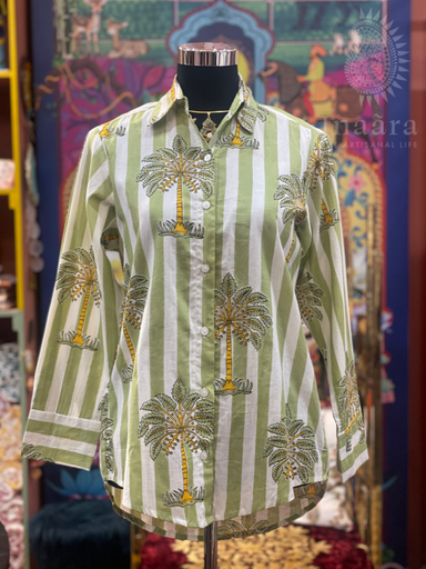 Block Printed Full Sleeves-Mint Green/White