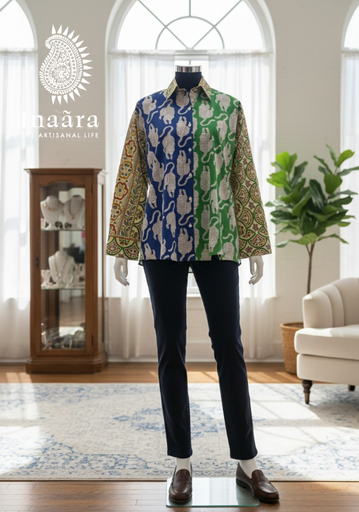 Block Printed Full Sleeves-Green/Blue