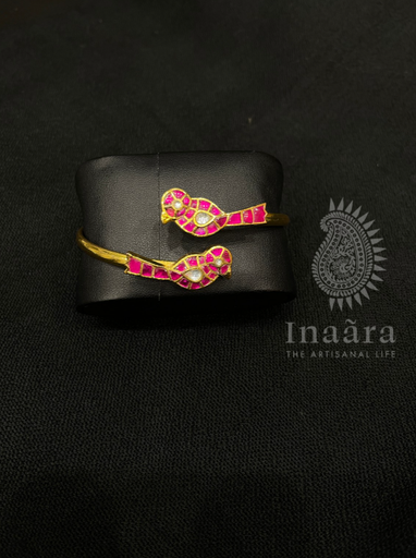 Gold Toned Bird Motif Cuff Bangle-Pink/White