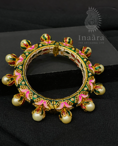 Oversized Pearl Meenakari Bangle- Lotus