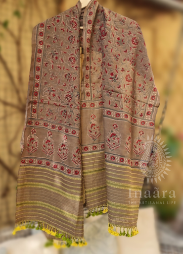Block Print Bhujodi Stole- Brown & Red