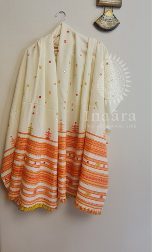 Mirror Work Bhujodi Full Shawl- Yellow