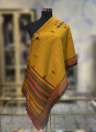 Mirror Work Bhujodi Full Shawl- Mustard