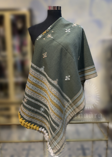 Mirror Work Bhujodi Full Shawl-Gray/Brown