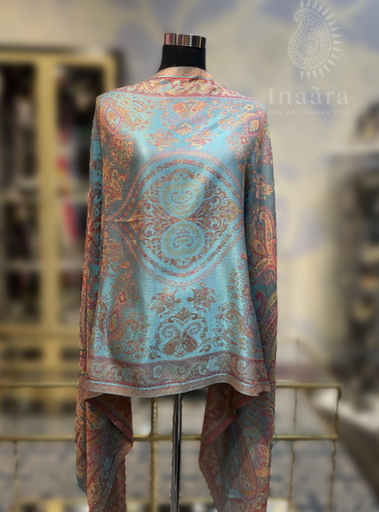 Jamawar Reversible Shawl-Light Blue/Teal