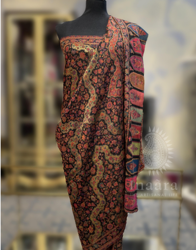 Fine Wool Ethnic Weave Shawl- Black/Gold