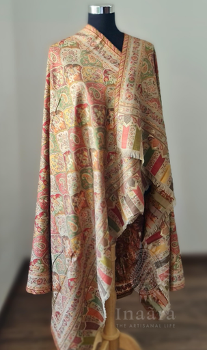 Fine Wool Ethnic Weave Shawl- Brown/Gold