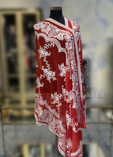 Hand Embroidery Dupatta- Red/White