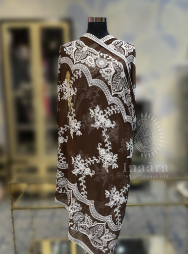 Hand Embroidery Dupatta-Brown