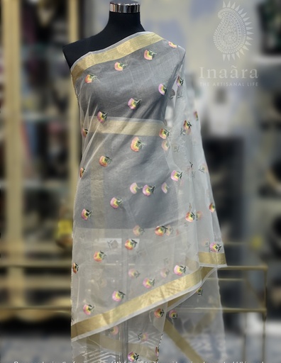 Organza Floral Embroidery Dupatta-Cream