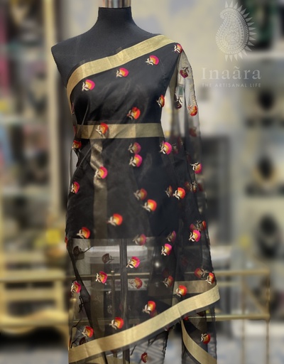 Organza Floral Embroidery Dupatta-Black