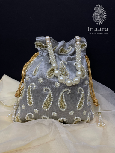 Handmade Embroidered Paisley Potli Bag-Gray