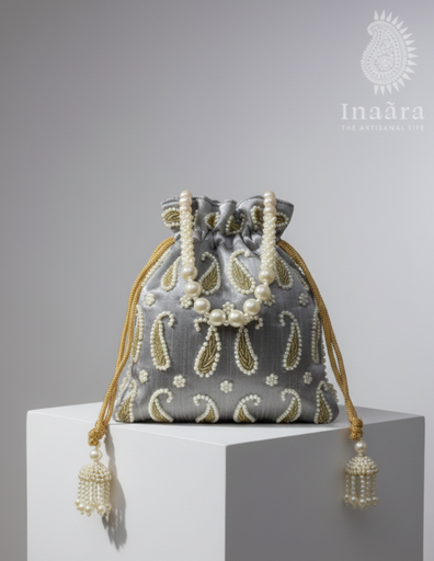 Handmade Embroidered Paisley Potli Bag-Gray