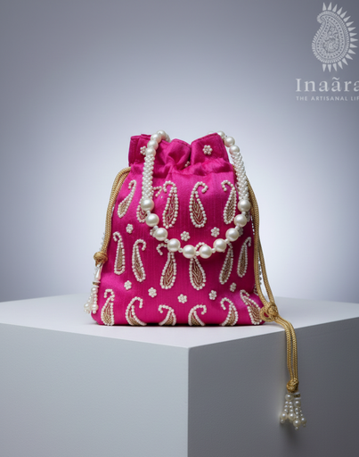 Handmade Embroidered Paisley Potli Bag-D.Pink