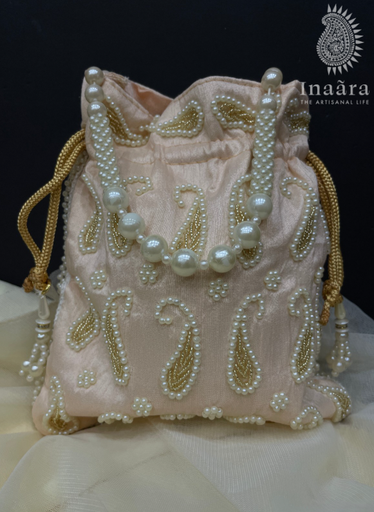 Handmade Embroidered Paisley Potli Bag-Peach