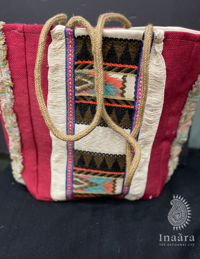 Jute Tote Bag w/ Woven Pattern-Red/Brown