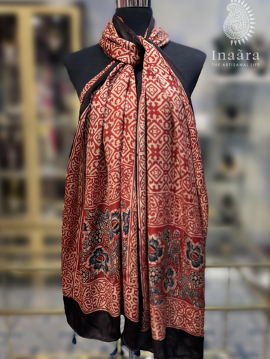 Ajrakh Modal Silk Scarf-Red