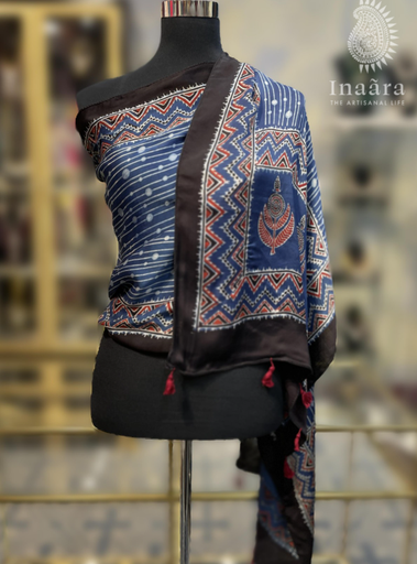 Ajrakh Modal Silk Scarf-Blue/Zigzag