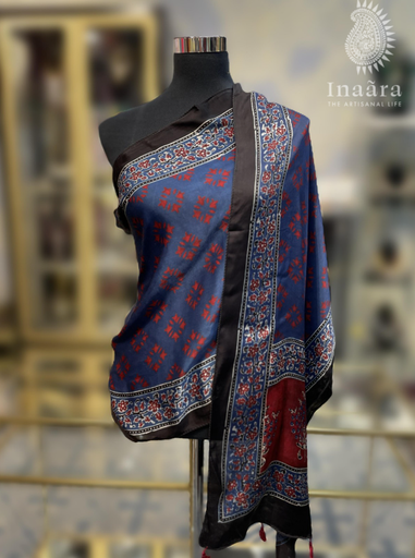 Ajrakh Modal Silk Scarf-Blue/Floral