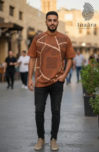 Natural Dye Ajrakh Block Printed TShirt-Burnt Ornge